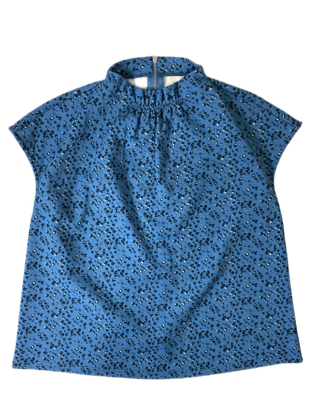 MELLODAY Blue Abstract Leopard Print Top Mock Neck Medium Gathered Neck Blouse
